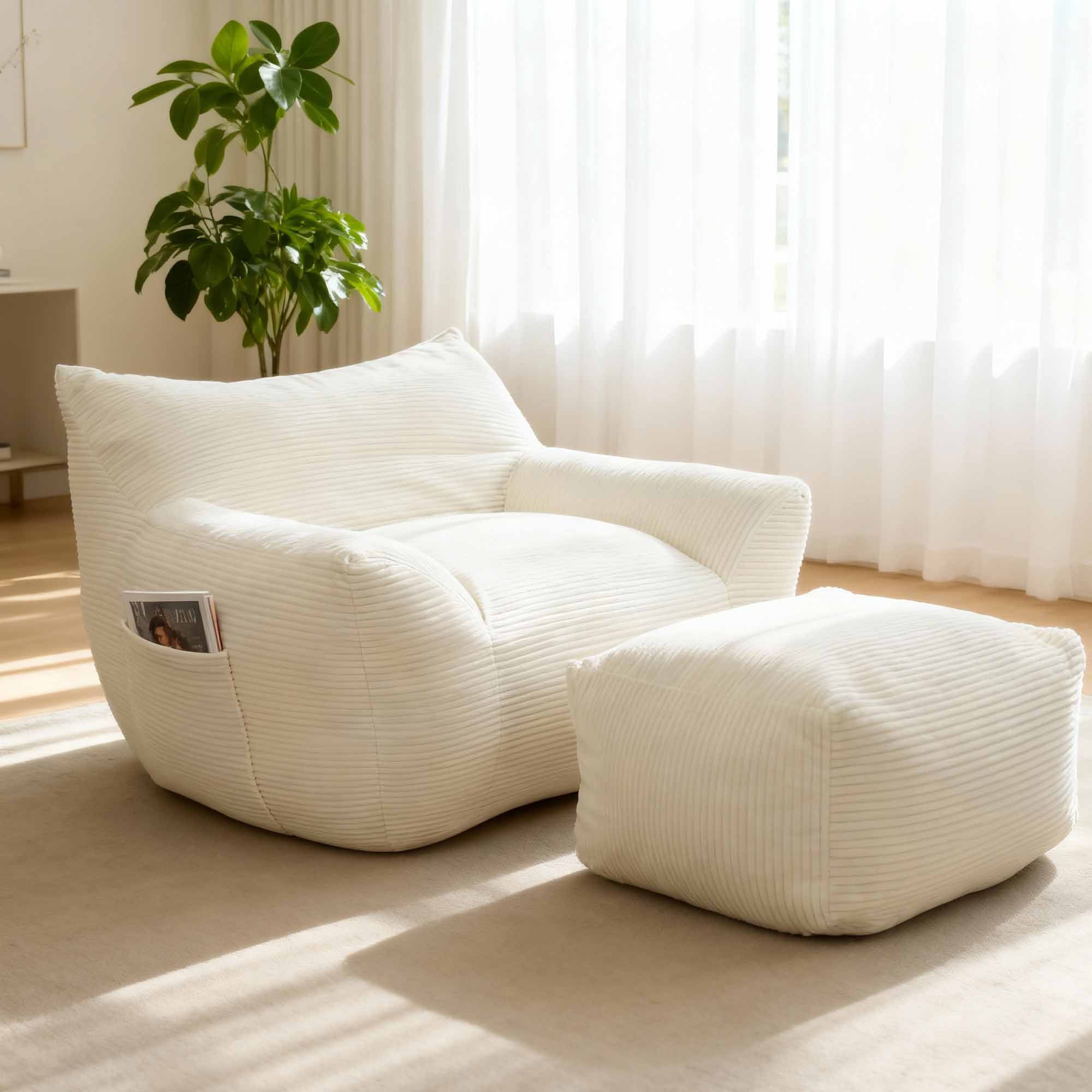 Lunale Oversized Bean Bag Chair with Ottoman, Boneless Lazy Sofa Chair for Bedroom, Living Room, Beige Corduroy