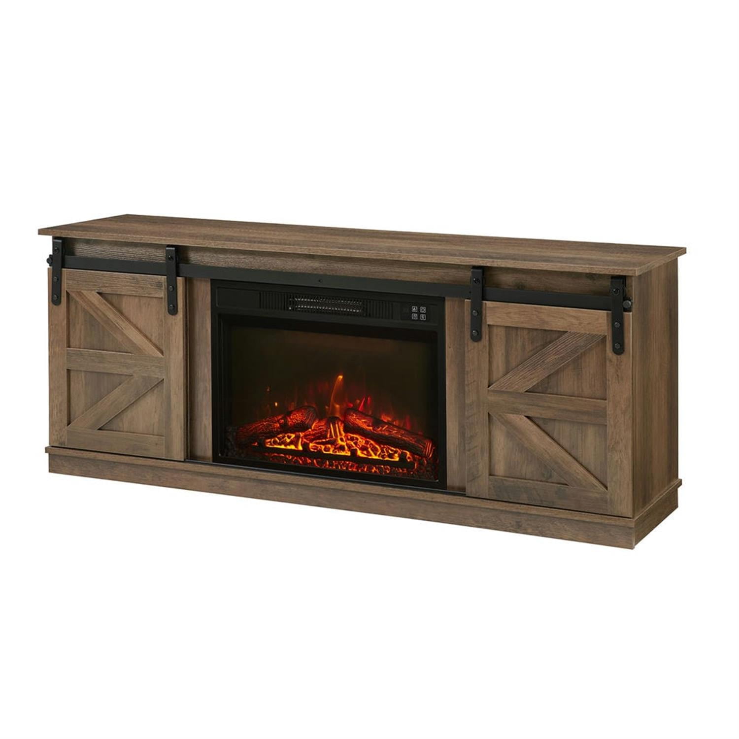 Demi Bonn Modern Fireplace TV Stand for Television up to 65" with Storage and Farmhouse Sliding Barn Doors, Entertainment Center with Cabinet and Shelves, Brown