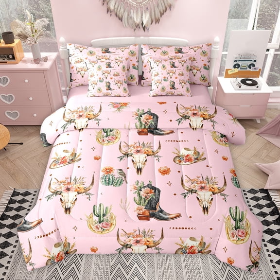 Feelyou Kawaii Pink Cowgirl Twin Bedding Sets 7-Piece, Tribal Western Cowboy Bedding Comforter Set, Flower Skeleton Skull Reversible Sheet Sets, Ultra Soft Bedroom Decor