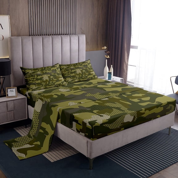 Erosebridal Retro Camouflage Bed Sheets Set King Size, Army Green Bed Sheets King, Military Camo Decor 4-Piece