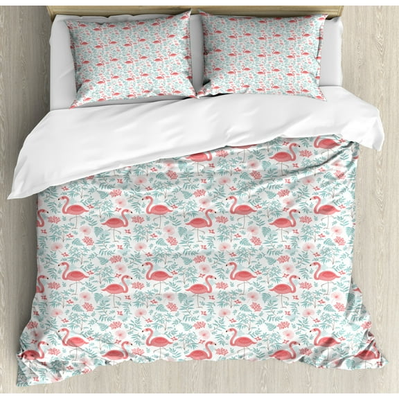 Flamingo Duvet Cover Set King Size, Rich Botanical Composition with Abstract Ornate Nature Flourish Fantasy, Decorative 3 Piece Bedding Set with 2 Pillow Shams, Seafoam Coral White, by Ambesonne