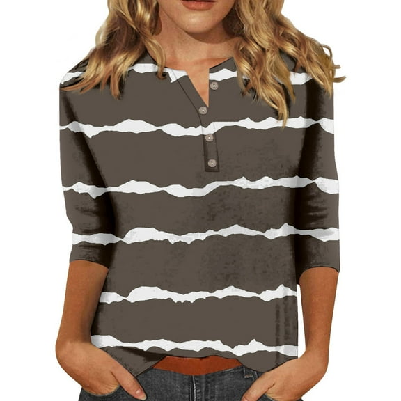 WTXUE T-Shirts 3/4 Sleeve, Crew Neck Shirts for Women's Button up 3/4 Length Sleeve T Shirt Top Striped Casual Tops for Women Dark Gray/Striped L