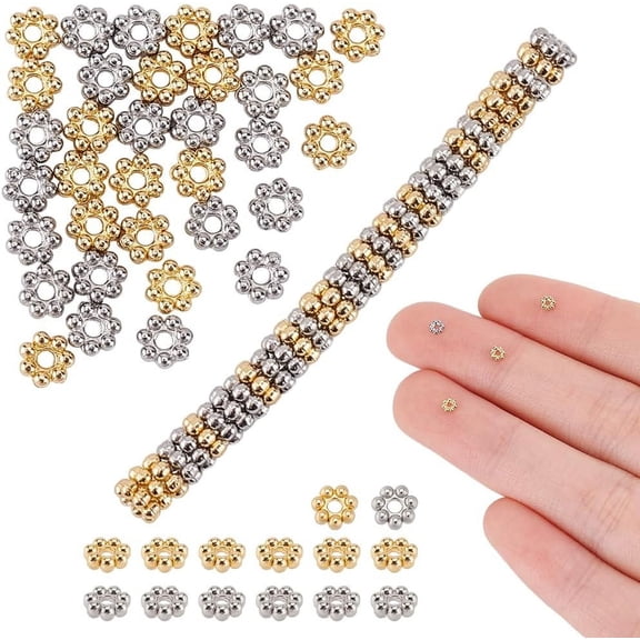 2 Colors 60Pcs Stainless Steel Flower Beads 3mm Daisy Spacer Beads Snowflake Bead Caps Golden Sliver Flower Bead End Cap Jewelry Making