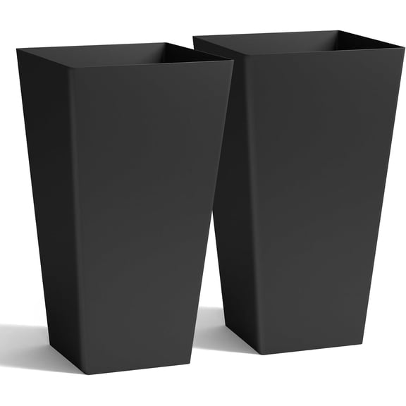 20 Inch Tall Tapered Black Plastic Planters Set of 2, Plant Pots with Drainage Hole for Indoor Outdoor Porch Patio Balcony