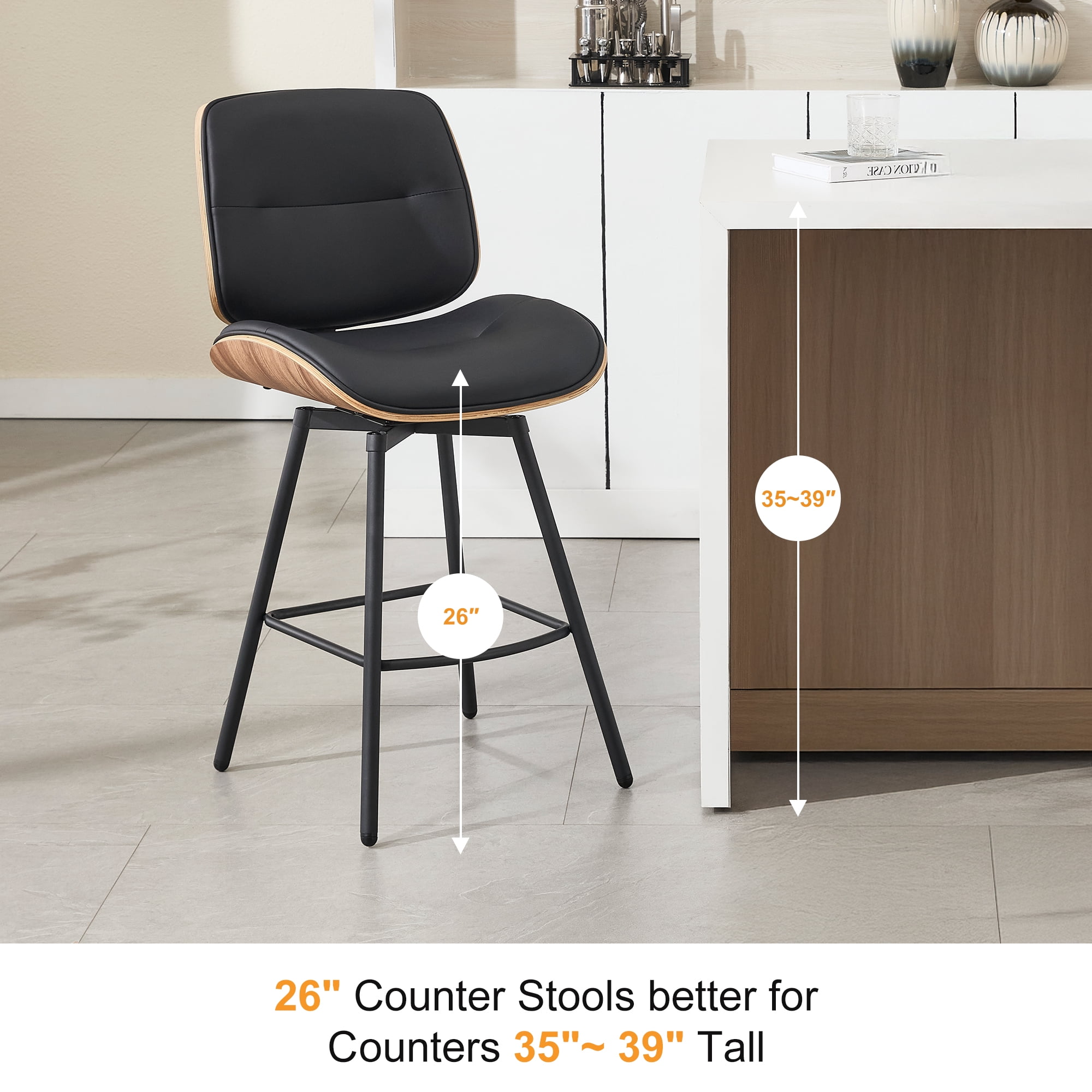 Counter Height Bar Stools Set of 2, 26" Swivel PU Leather Upholstered Bar Stools with Walnut Backs and Metal Legs, Retro Counter Stools for Kitchen Island, Dining Room, Pub, Black