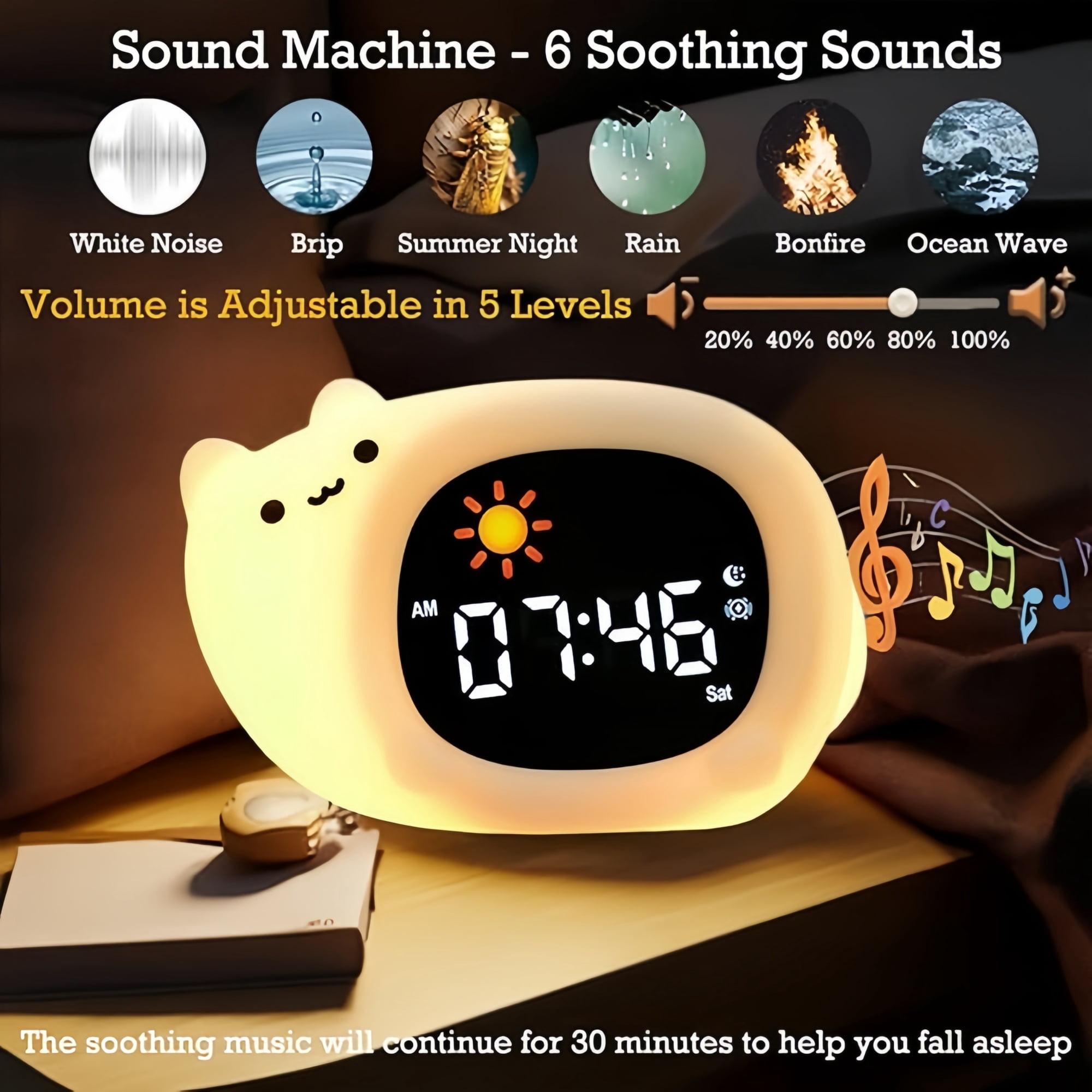 Children's Alarm Clock - Toddler Sleep Training Alarm Clock, Rechargeable Sleep Aid with Soft Night Light and Touch-Activated Function, Sleep Companion for Boys and Girls