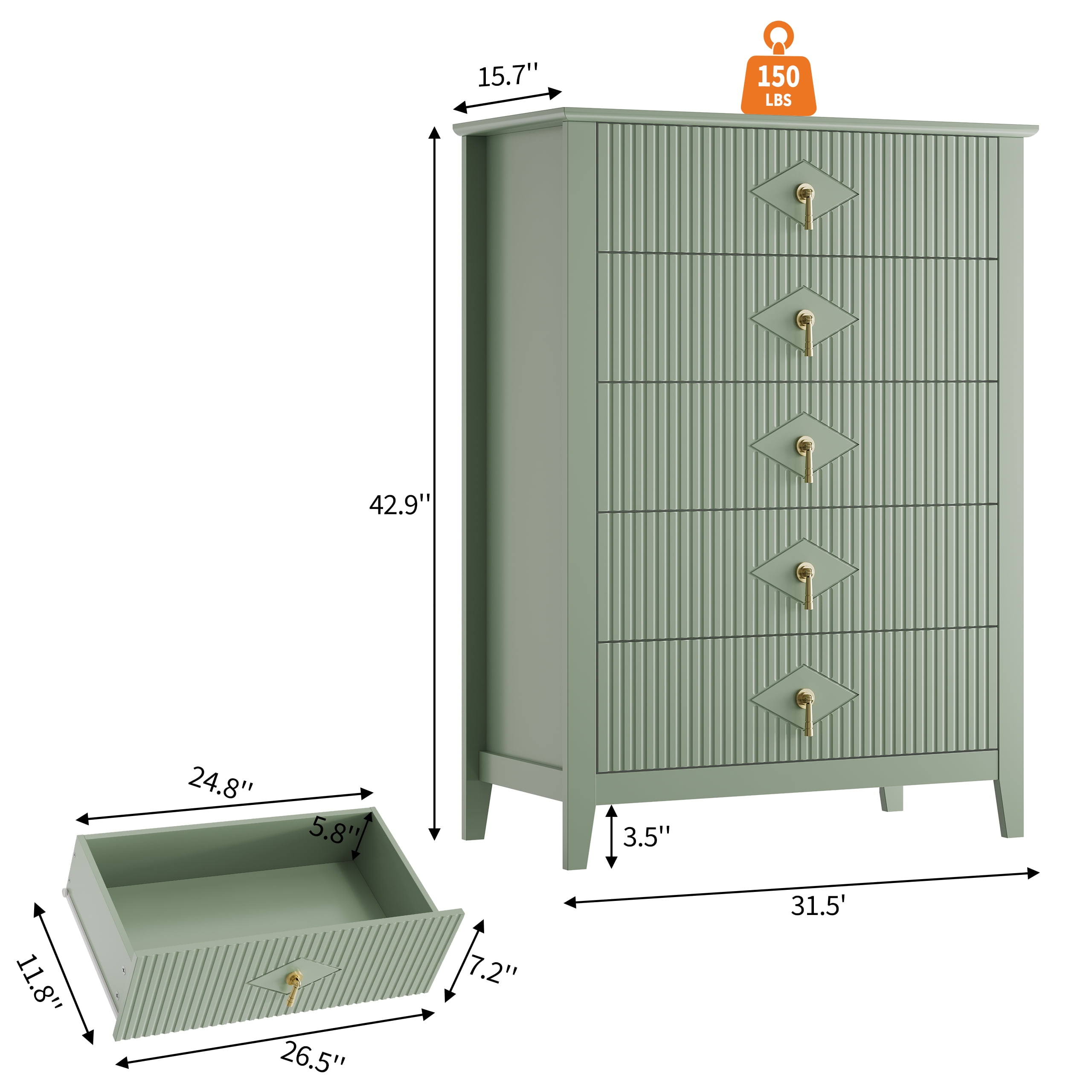 Fluted 5 Drawers Dresser,42.9"Wide Modern Chest of Drawers with Gold Metal Handle,Dresser TV Stand, Wood Drawer Organizer for Bedroom, Living Room, Hallway