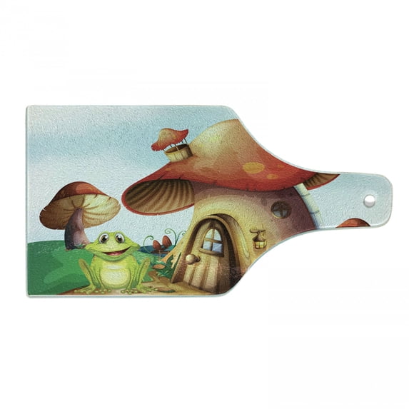 Frog Cutting Board, Cartoon Illustration of Funny Animal near a Mushroom House in Fantasy Forest, Decorative Tempered Glass Cutting and Serving Board, Wine Bottle Shape, Multicolor, by Ambesonne