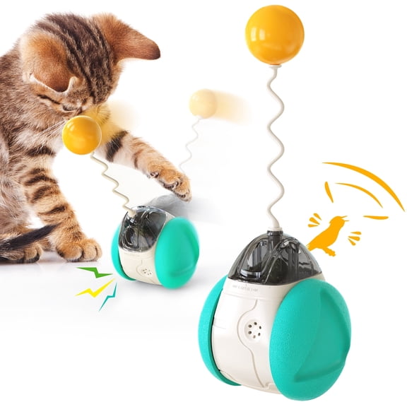 Interactive Cat Wobble Toy with Chirping Sound - 2-in-1 Balance Wheel Treat Dispenser & Slow Feeder, Rotating Kitten Puzzle with Teaser Wand for Indoor Cats Solo Play