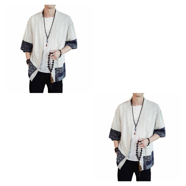 Minnieouse Kimono japonés para hombre, chaquetas, ropa, cárdigan ligero, prendas de vestir de media manga, camisa, ropa de ocio Vintage Blanco L 2piezas