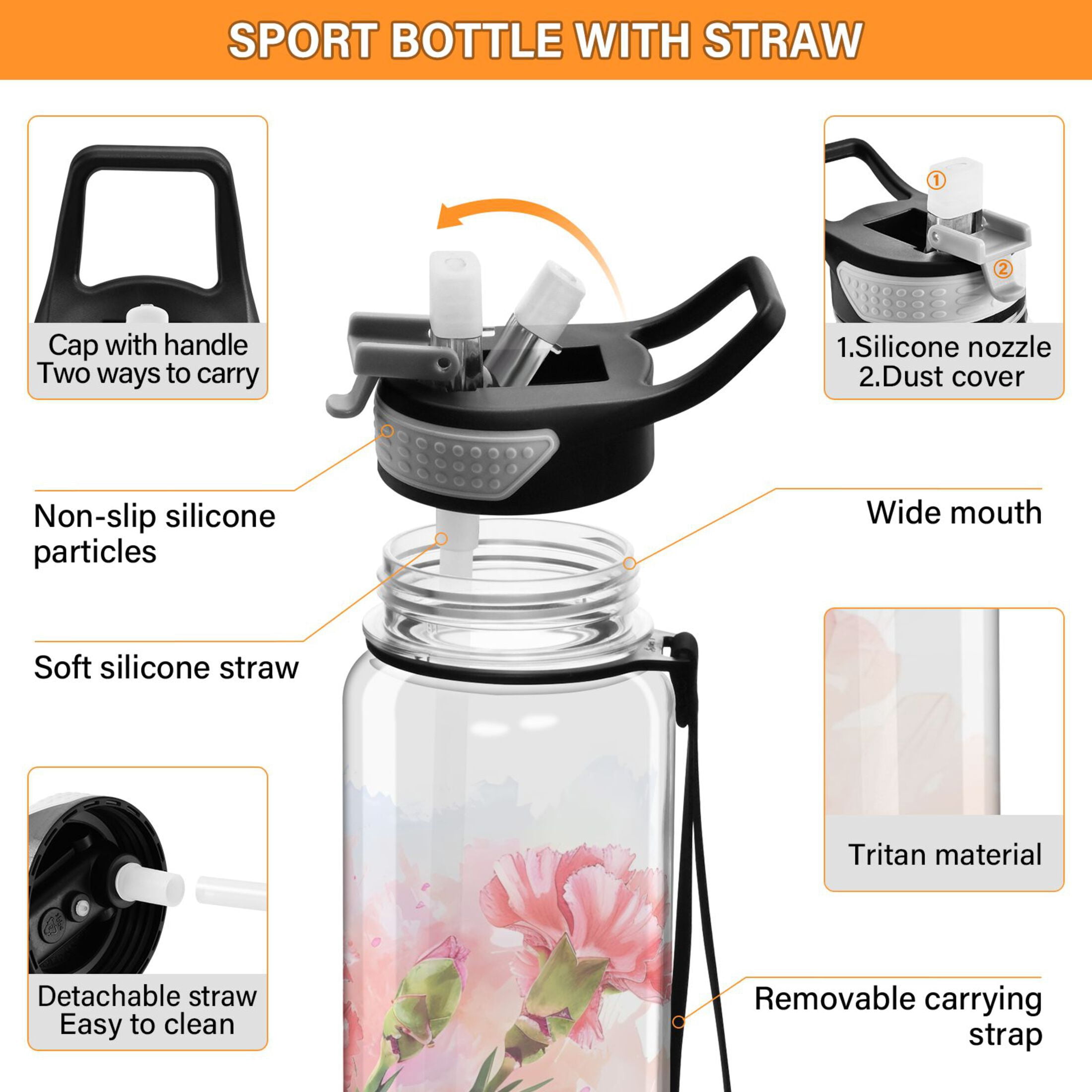Painting Flowers Carnation Sports Water Bottle Portable Travel Mug 32oz BPA Free Leak Proof Straw Transparent Tritan for Gym Yoga Cycling Camping