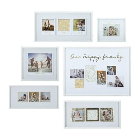 6 Piece Wall Art Set Gallery Perfect 6 Piece Multi Size White and Gold One Happy Family Gallery Wall Photo Frame Set, Holds 17 Images ()