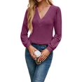 thumbnail image 2 of Blusas de Larga con Cuello en V para Mujer, Elegantes, Informales, de Otoño, con Mangas Abullonadas, Holgadas, Modernas. Púrpura M, 2 of 9