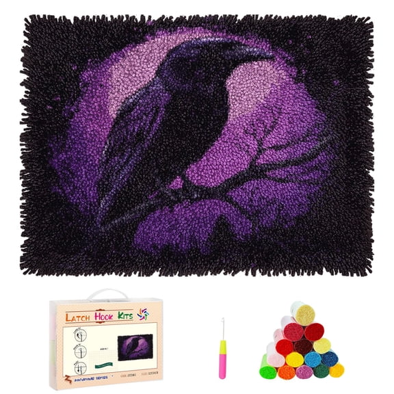 DIY Latch Hook Rug Kits Black Raven on Dead Tree Branch Stamped Non-slip Mat Crocheting Yarn Hook and Latch Emboridery Tapestry for Home Floor Decor and Pet Warm Cushion 52x38cm(6)