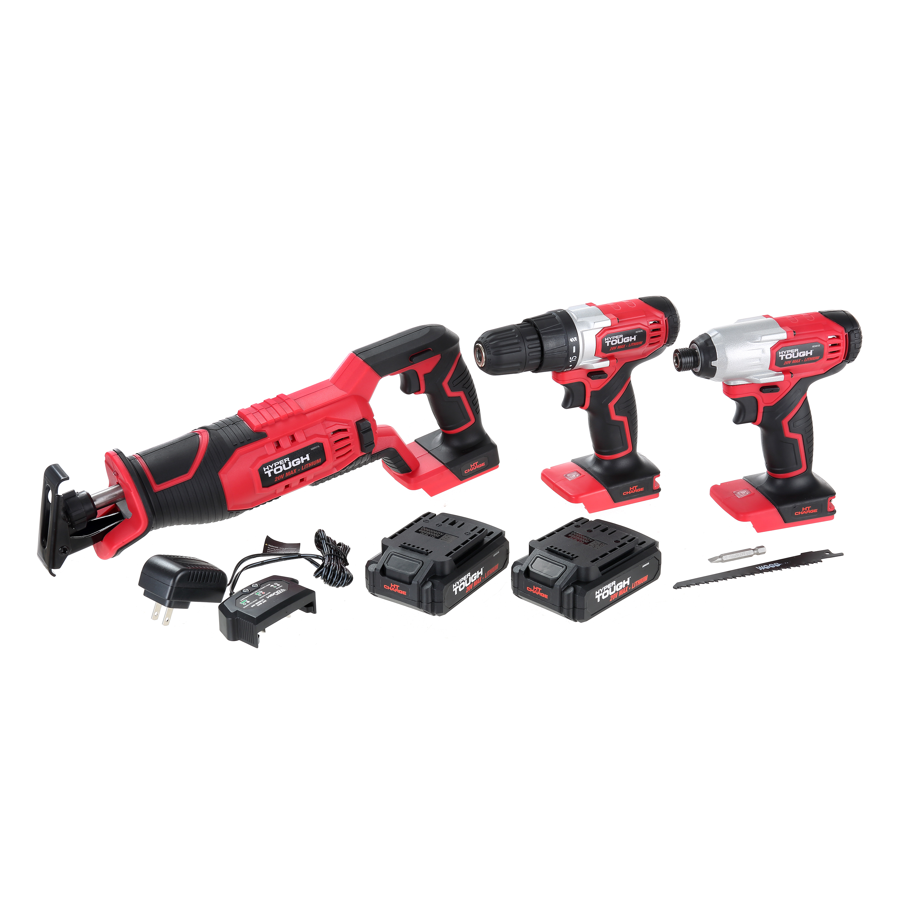 Hyper Tough 20V Max Lithium-ion 3/8-in. Cordless Drill, 1/4-in. Impact Driver & Reciprocating Saw Combo Kit (3-Tool) with (2)1.5Ah Lithium-ion Batteries, Charger, Wood Blade, Bit Holder & LED Lights