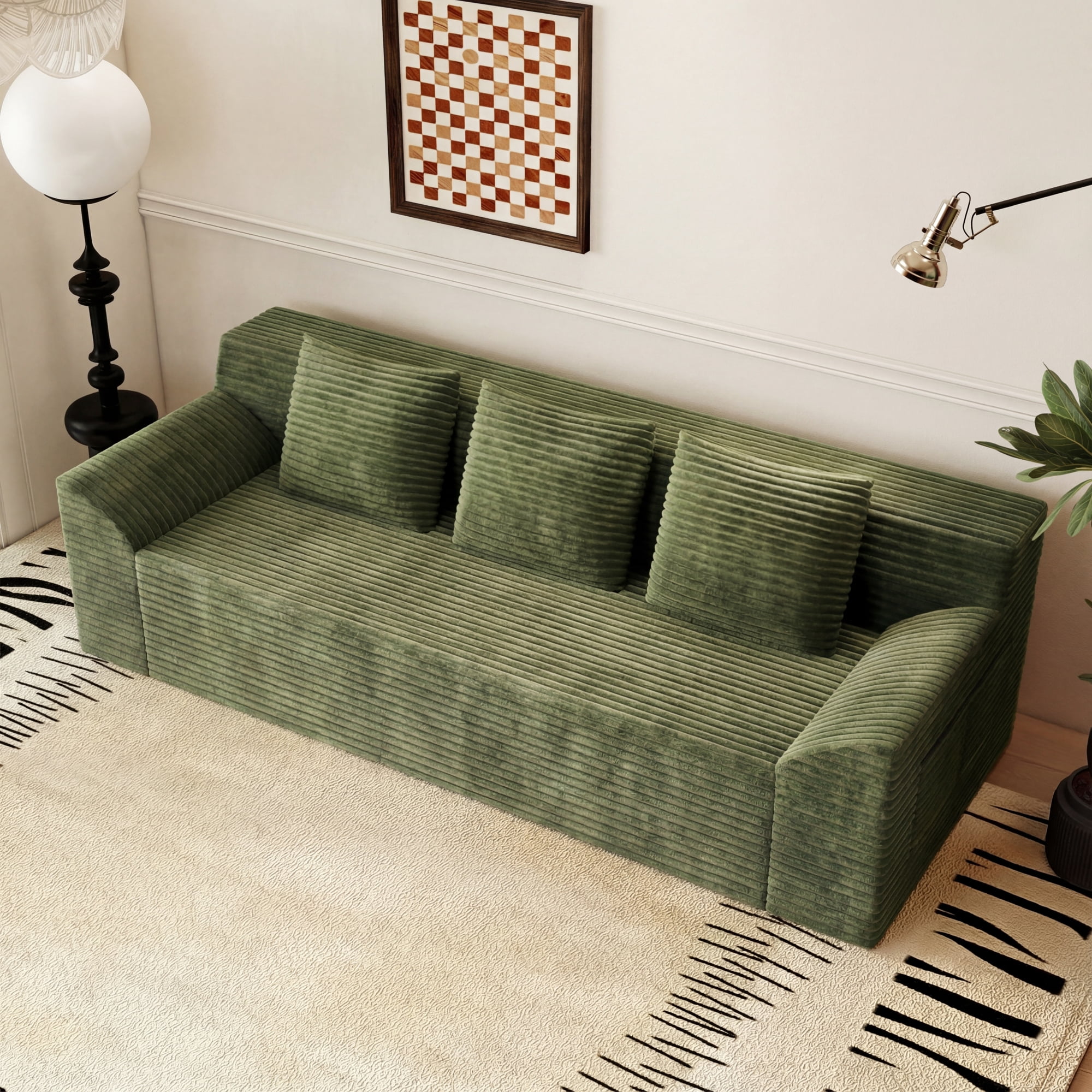 HOQBN 71" Boneless Sofa for Living Room,3 Seater Deep Seat Couch with 3 Pillows,Comfy Corduroy Cloud Couch with Curved Armrests for Bedroom, Office, Apartment, No Assembly,Antique Green