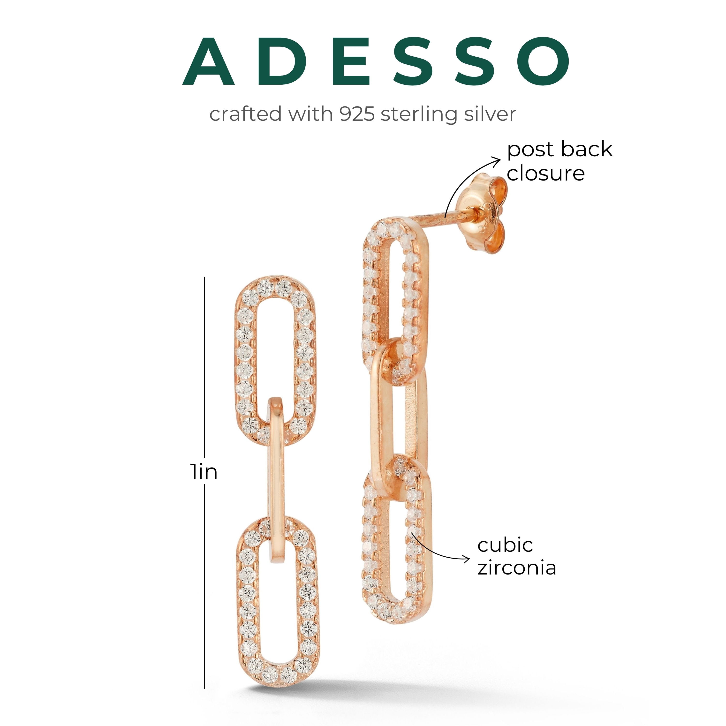 Adesso Milano Jewelry Sterling Silver Paperclip Link Drop Earrings with Cubic Zirconia Stones for Women, Rose Gold, 3 Links