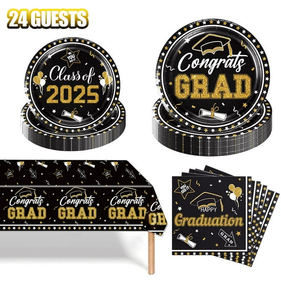 Black Gold Graduation Party Supplies Graduation Party Decorations Class of 2025 Disposable Dinnerware Graduation Plates and Napkins Tablecloth Congratulations Graduate Decor , Serve 24