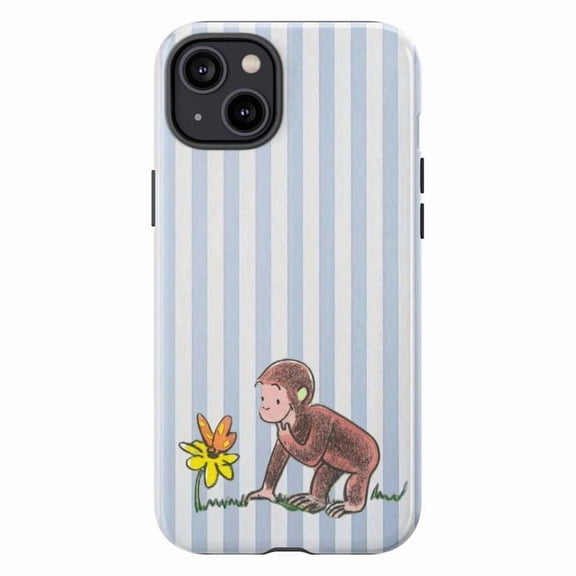Cute Curious Monkey with Butterfly Phone Case, Charming Cartoon Animal on Blue Stripe Background, Artistic iPhone Cover for iPhone 17 16 15 14 13 12 11 Plus Pro Max Mini