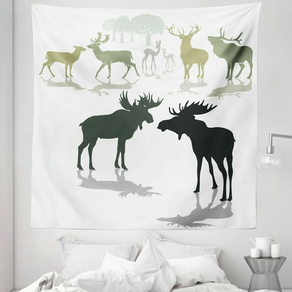 Antlers Tapestry, Elk Deer and Fawn Silhouette Forest at the Background World Natural Habitat Theme, Fabric Wall Hanging Decor for Bedroom Living Room Dorm, 5 Sizes, Green Black, by Ambesonne