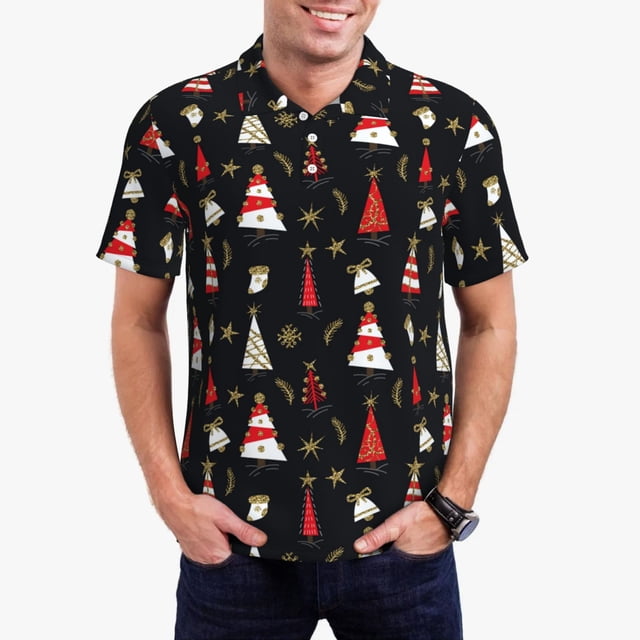 Balery Christmas Tree and Gold Socks Camisa Polo de Hombre con Estampado, de Manga Corta y Tejido Medio, Camisa Tipo Golf Polo-Medium