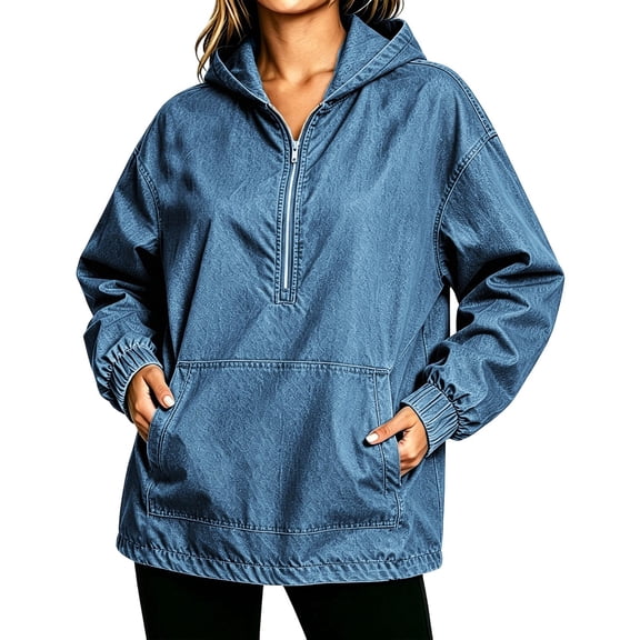 Women's Half Zip Denim Hoodie Pullover Jackets Jean Tops Oversized Long Sleeve Hooded Shirts with Front Pocket Casual Fall Outerwear