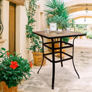 LastDan Patio Bar Table Outdoor Bistro Height Square Table with Wood-like Tabletop & Black Metal Frame