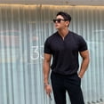 thumbnail image 4 of Summer Men Business Causal T-shirt Beach Fashion Thin Stand Collar Solid Tee V-neck Breathable Fitness Korean Streetwear Tops, 4 of 7