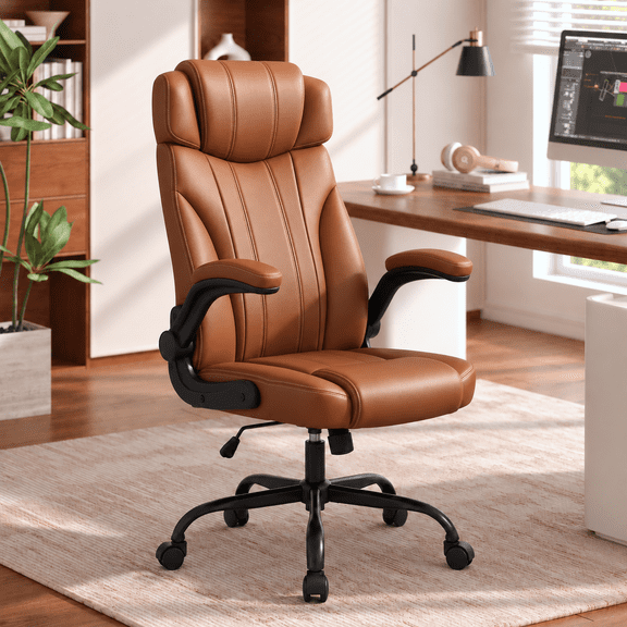 Pinmoco High Back Executive Office Chair, Ergonomic PU Leather Desk Chair with Flip-Up Arms, Adjustable Height, 360 Swivel, Tilt Function, Brown