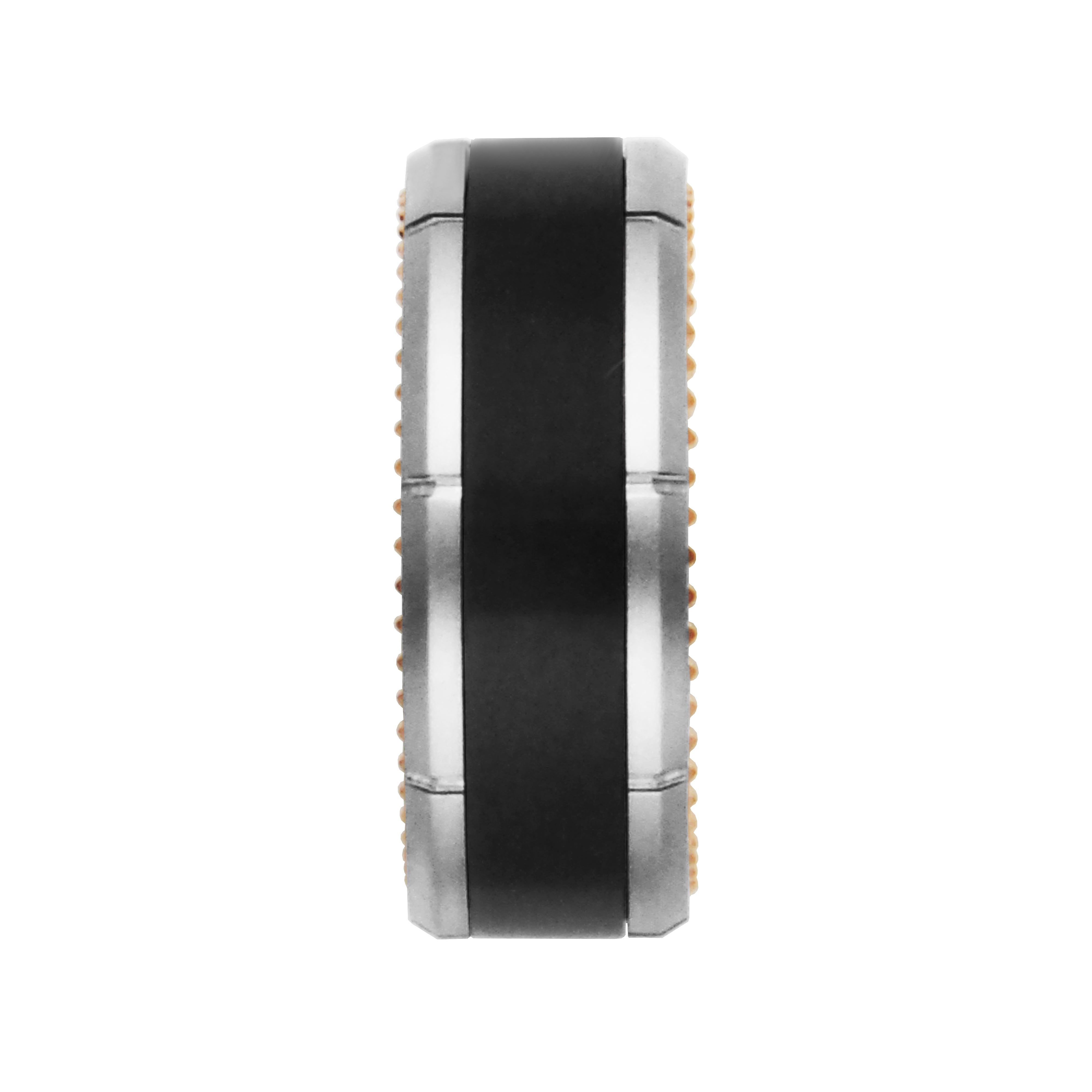 Men's Black and Sandblast Finish Sapphire Tungsten 8mm, IP Rose Gold and Steel Strips Interior and Edge Comfort Fit Wedding Band, Size 10.5