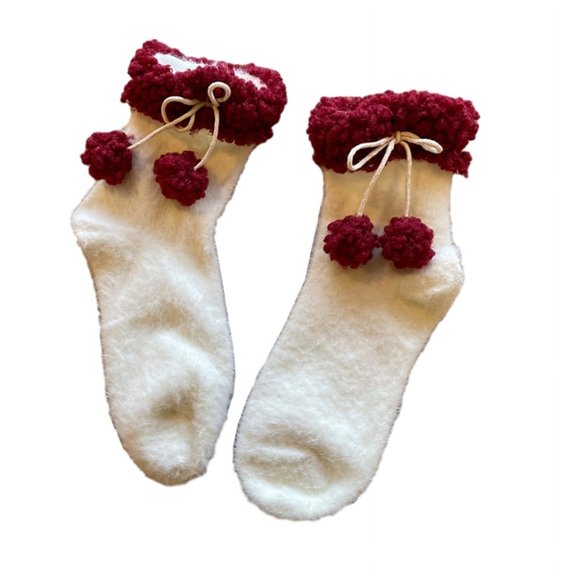 Milue Women JK Princess Plush Ball Bow Lamb Wool Trim Furry Short Tube Ankle Socks