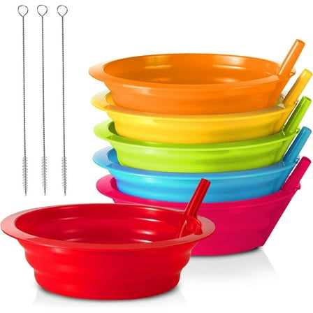 Kids Cereal Bowls with Straws - Set of 6 Plastic Bowl with Straw For kids BPA Free Dishwasher and Microwave Safe - 22 Oz Toddlers Bowls with Built-In Straws Includes 3 Cleaning Brushes