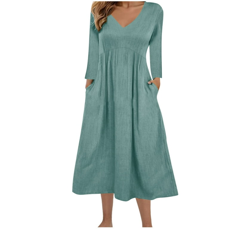 Wdfiry Long Sleeve Dress for Women Fall Solid Color V Neck Maxi Dress Casual Soft Flowing Dresses with Pockets