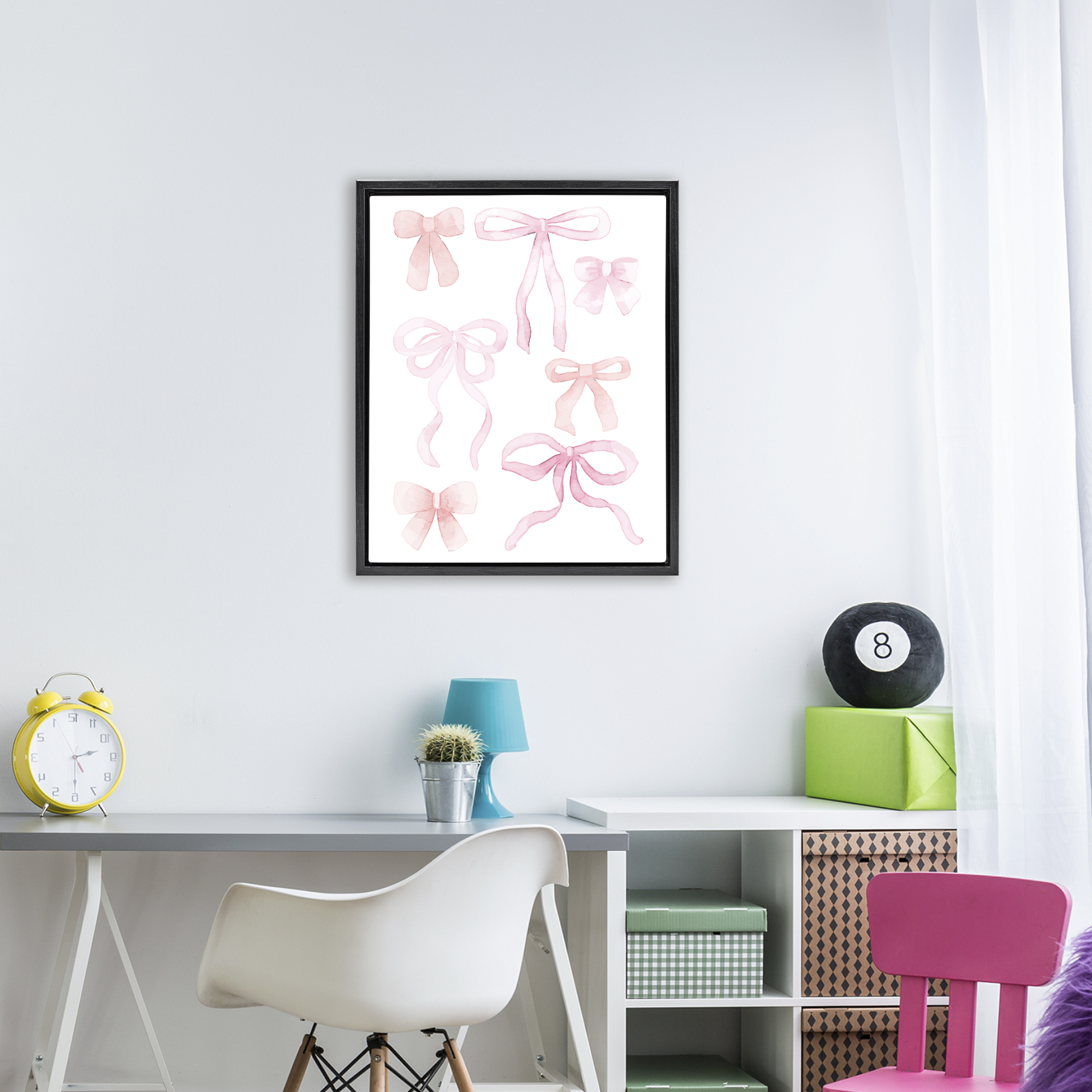 Pink Watercolor Bows Black Framed Floater Canvas Wall Art, design by Kim Allen
