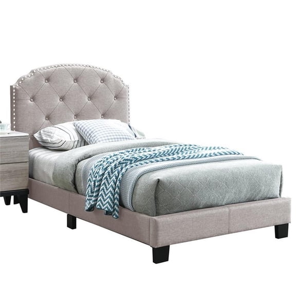Poundex Twin Burlap Fabric Upholstered Bed Frame with Slats in Light Brown