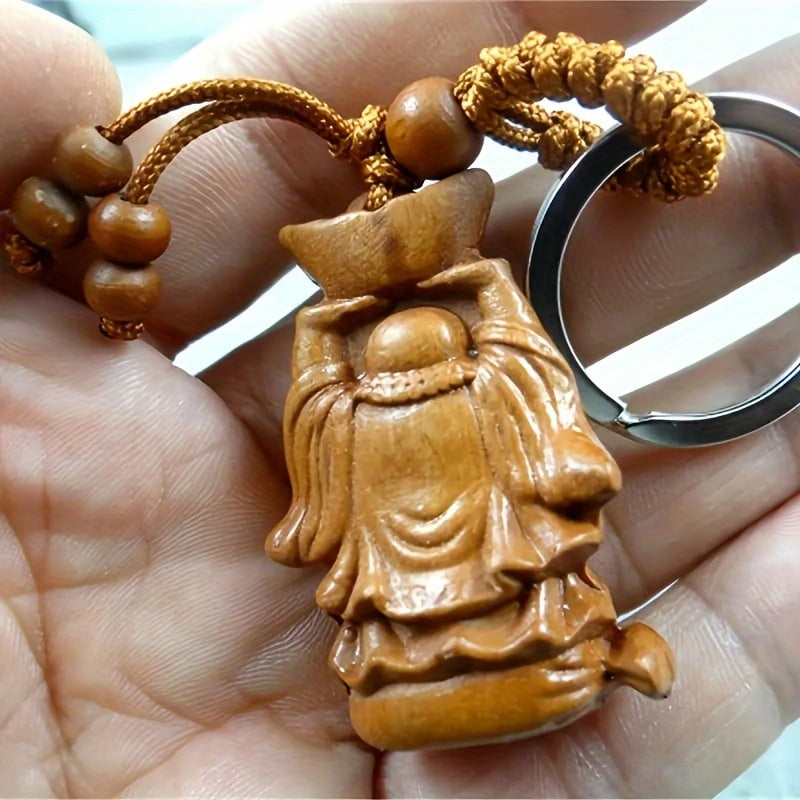 Men's Nature Mahogany Carving Key Ring, Details of the Buddha Stature Design, Business Style -DURable Wood and Metal Ring Accessories, Wealth Symbols | Spiri Tual Embellishment | Unique Key Ring