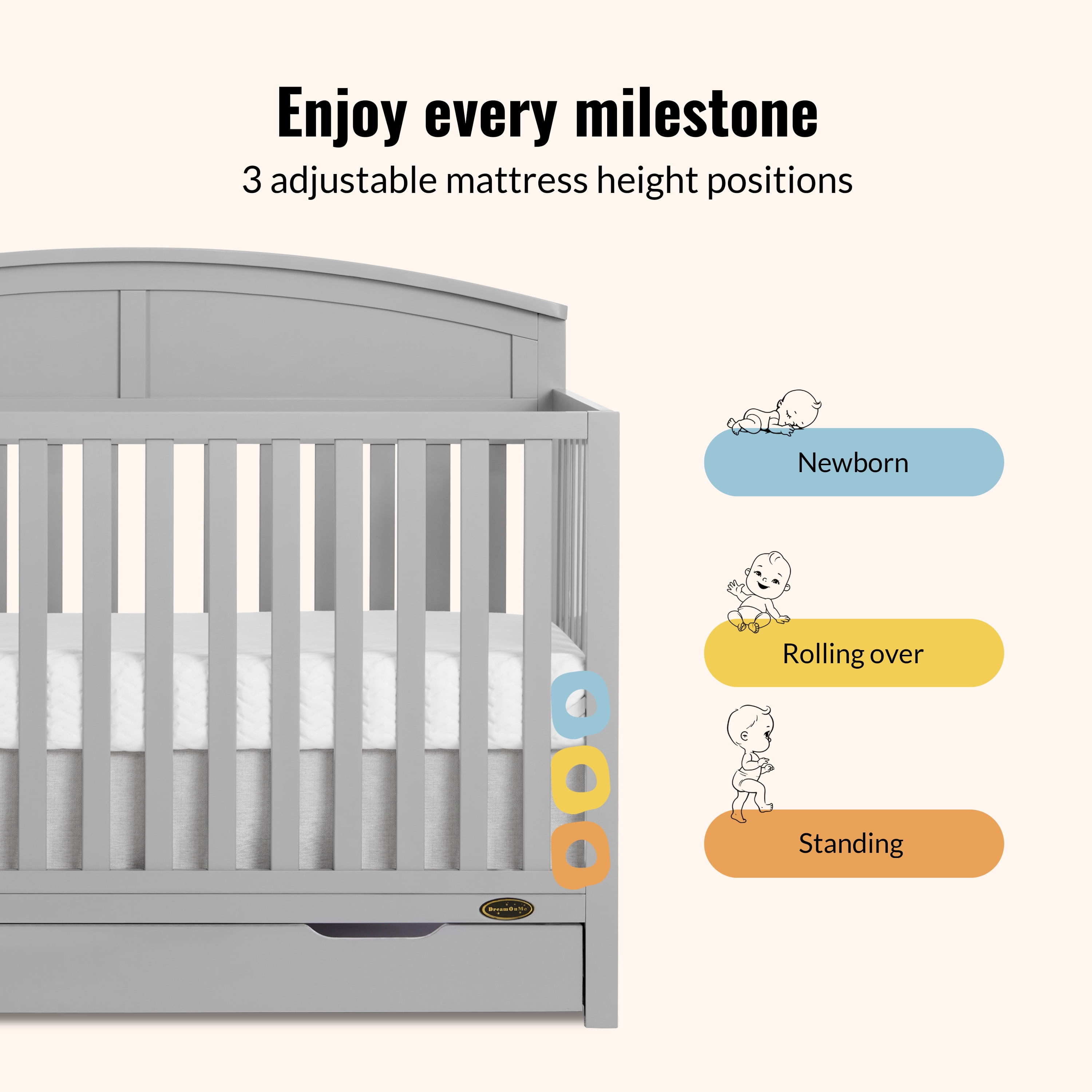 Dream On Me Storybrooke 5 in 1 Convertible Crib with Under Drawer, Pebble Gray