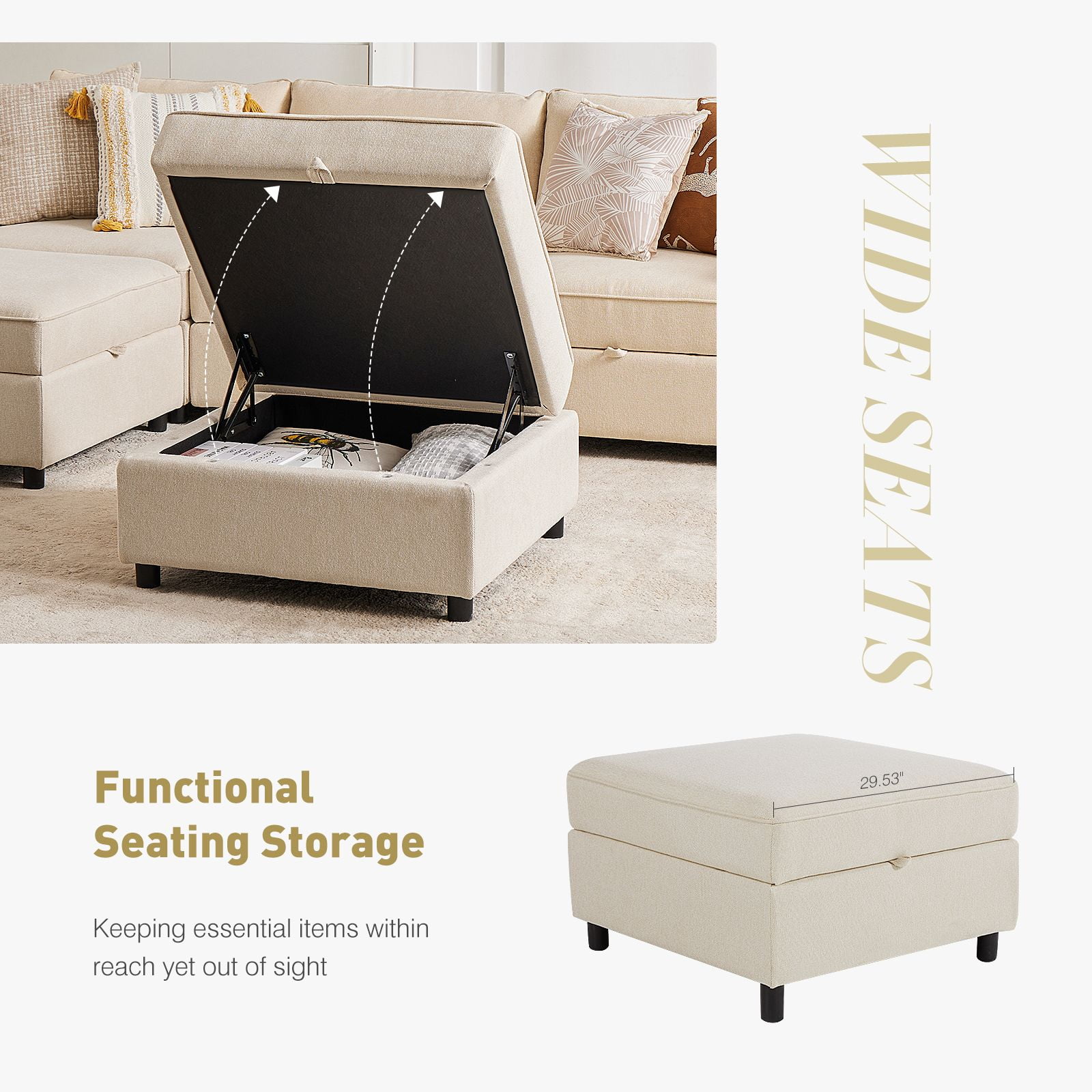 GIANNA 1-Seat Convertible Sectional Sofa Couch with Storage, Modern Sleeper Sofa with Extra Deep Seat Cushions, Soft Fabric, Compact Design for Small Spaces, Beige