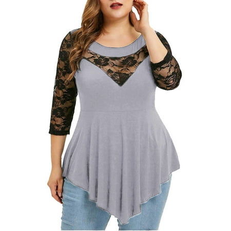 Meichang Plus Size Tops for Women Lace Long Sleeve Babydoll Tops Dressy Casual Crew Neck Loose Fit Comfy Blouses Trendy Irregular Hem Tunic Tops Navy XXL