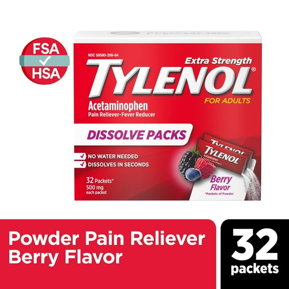 Tylenol Extra Strength Dissolve Packs with Acetaminophen, Berry, 32 Count