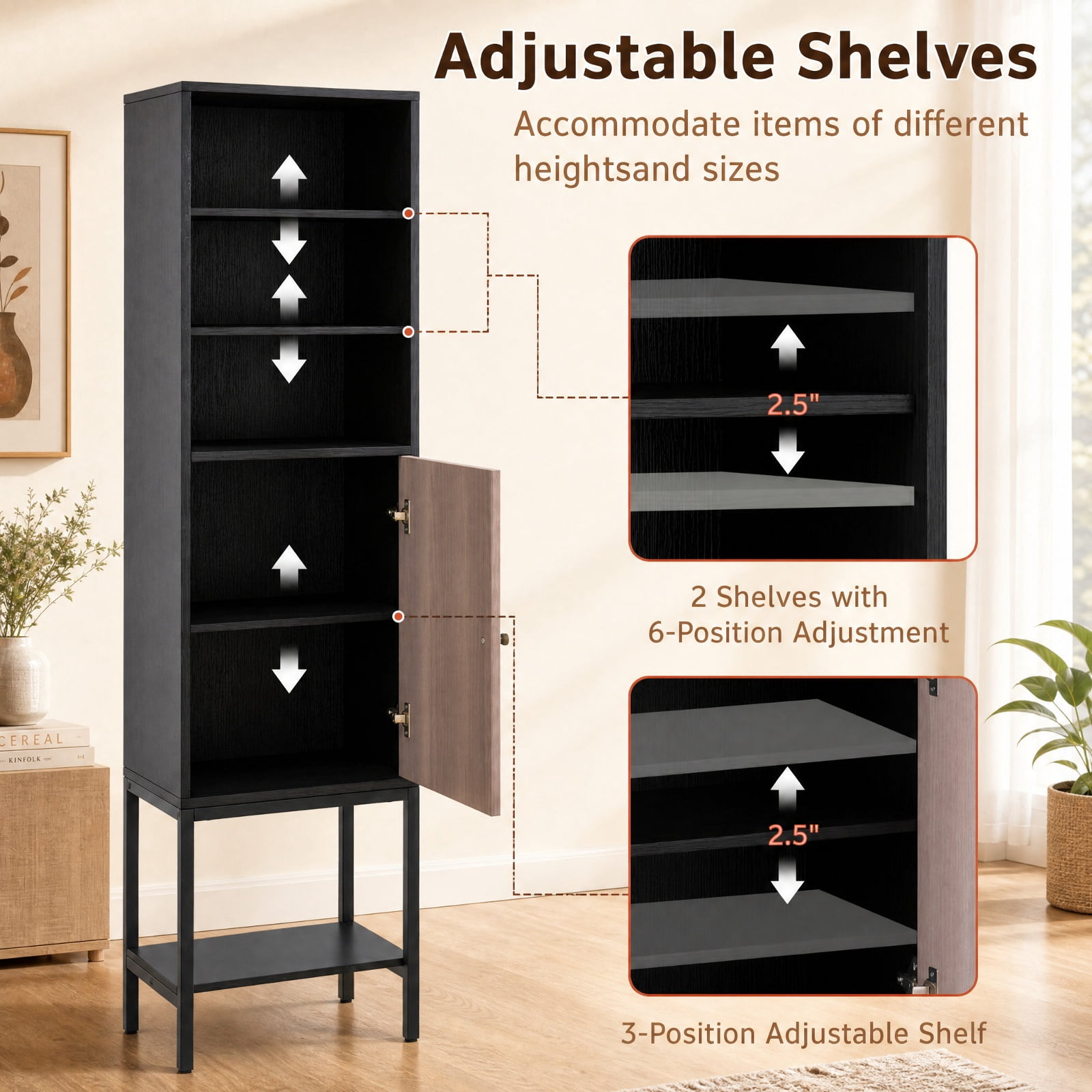 Vebreda Freestanding Bathroom Storage Cabinet, 57 Inch Bathroom Tall Cabinet with 1 Door and 4 Shelves Narrow Storage Unit with Adjustable