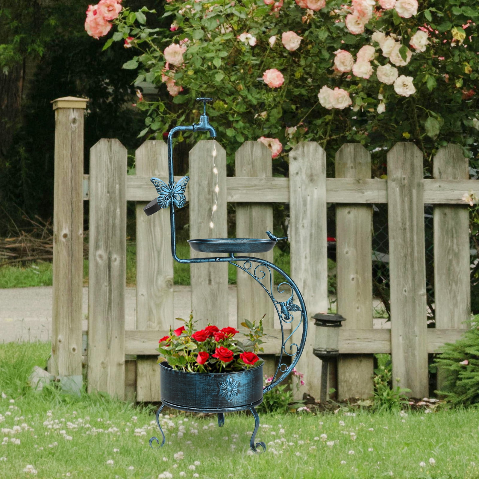 UBesGoo Bird Bath for Outside with Solar Lamp and Removable Flower Planter Pedestal 36in Vintage Metal, Antique Blue