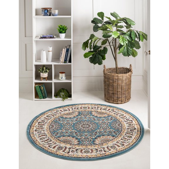 Rugs.com Rabia Collection Rug – 5' Round Blue Low Rug Perfect For Kitchens, Dining Rooms