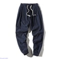 thumbnail image 2 of Huanglei Mens Drawstring Waist Pants ,Summer Men's Solid Color Large Size Loose Cotton Linen Nine Minute Pants Harlan Casual (Blue ,XX-Large), 2 of 5