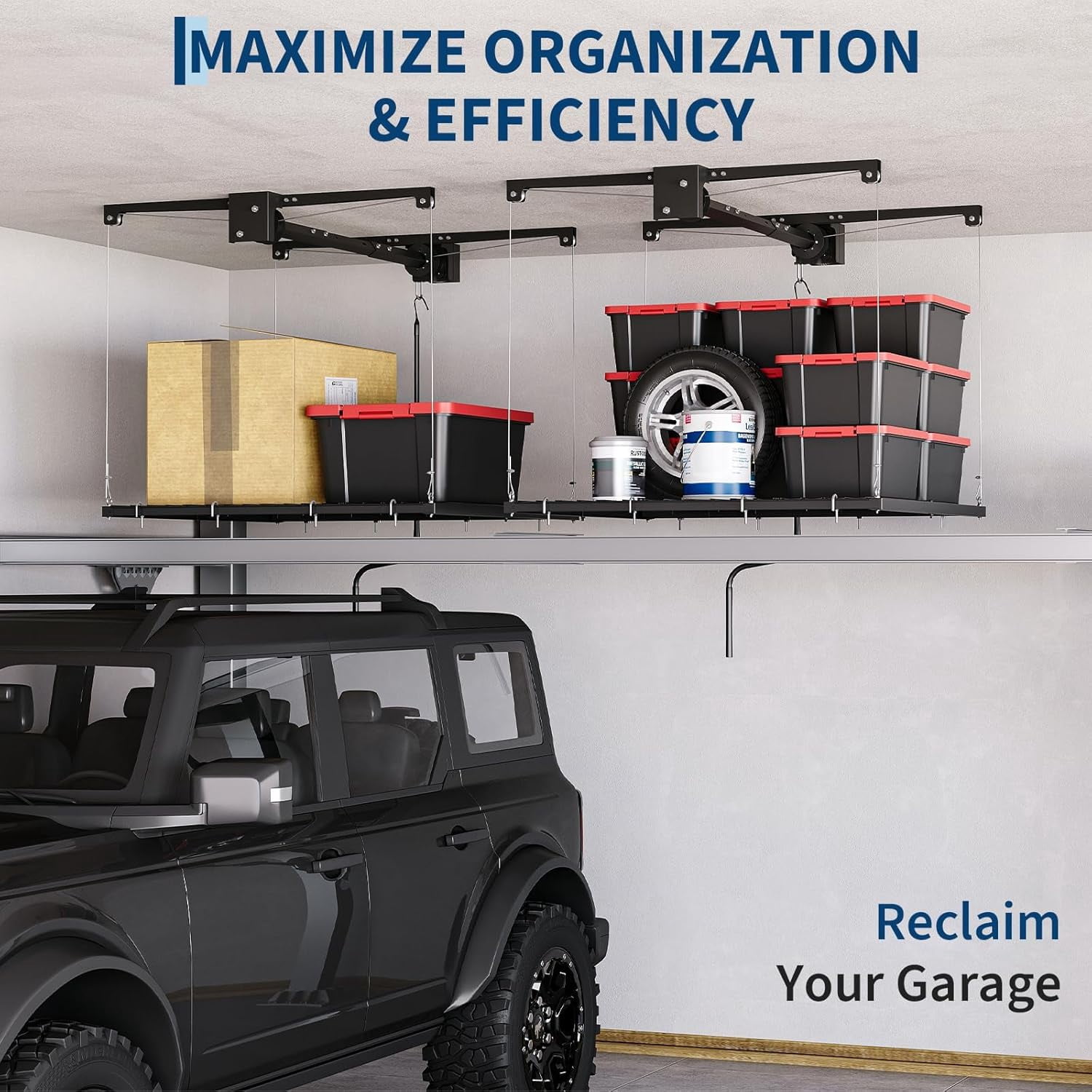 manual crank handle and pulley system for raising and lowering overhead storage platform