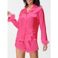 thumbnail image 4 of LMLYSoH Women's Satin Outfits Solid Color Lapel Long Sleeve Tops with Feather Cuffs + Shorts Set Fashion Clothes, 4 of 9