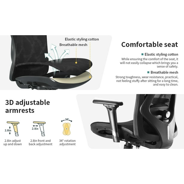 SIHOO Chaise de bureau ergonomique, chaise d'ordinateur à dossier haut,  appuie-tête réglable et soutien lombaire, mise à niveau vers roues à  roulettes (noir) : : Cuisine et maison