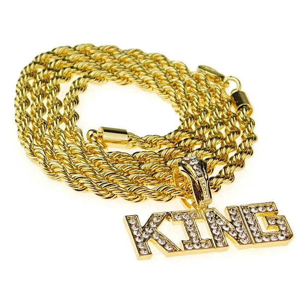Bling Cartel Mens King Rope Chain Bling Pendant Gold Finish Hip Hop