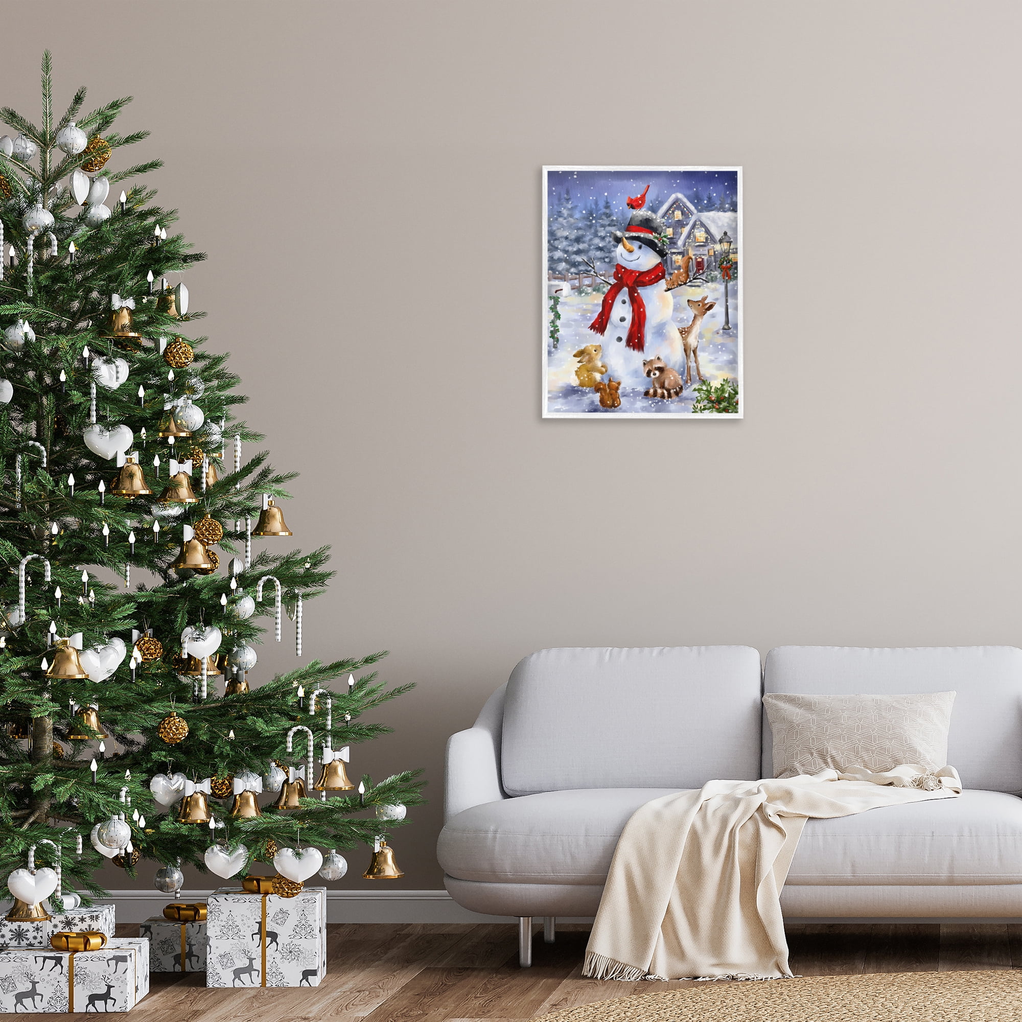 Stupell Industries Snowman & Forest Animals Holiday Painting White Framed Art Print Wall Art, 24 x 30