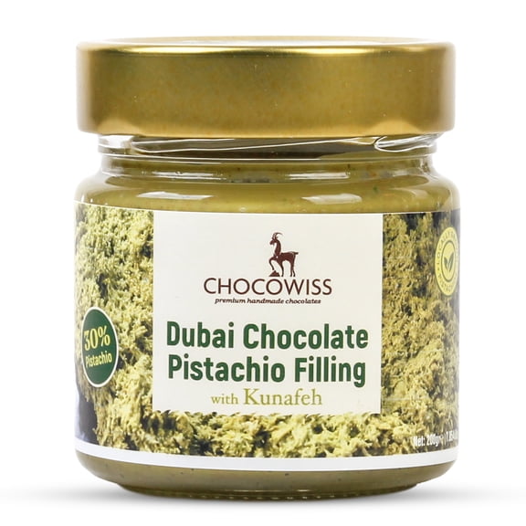 Chocowiss Green Dubai Chocolate Filling, Ready-to-Use Pistachio and Toasted Kataifi Spread Mix, 200g Glass Jar